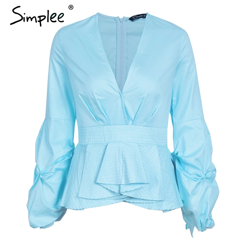 Женская блузка Simplee на бретельках, с рюшами, женские топы с треугольным вырезом, повседневная уличная одежда, белая блузка, хлопковая блузка синего и белого цветов на осень - Цвет: Light Blue