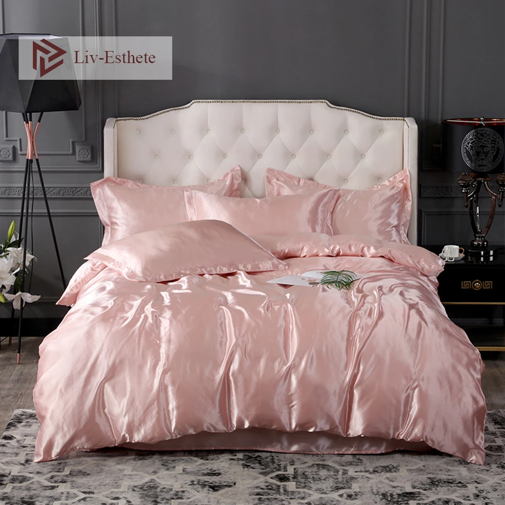 

Liv-Esthete Luxury 18 Color Satin Silk Bedding Set Silky Duvet Cover Flat Sheet Pillowcase Double Queen King Bed Set Wholesale