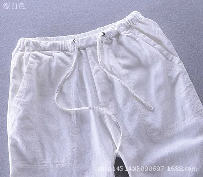 Мужские льняные брюки весна и лето новые мужские модные однотонные хлопковые и льняные свободные прямые тонкие брюки - Цвет: Белый