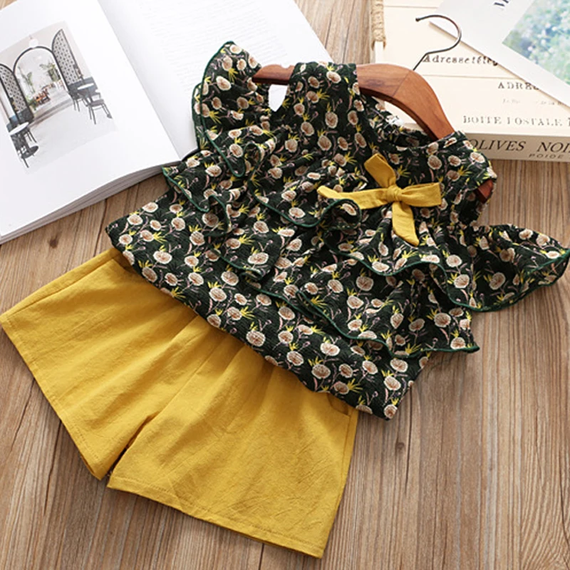 

Hurave strapless shirt+solid shorts suits new casual style girls sets printing kids summer clothing cotton pattern clothes