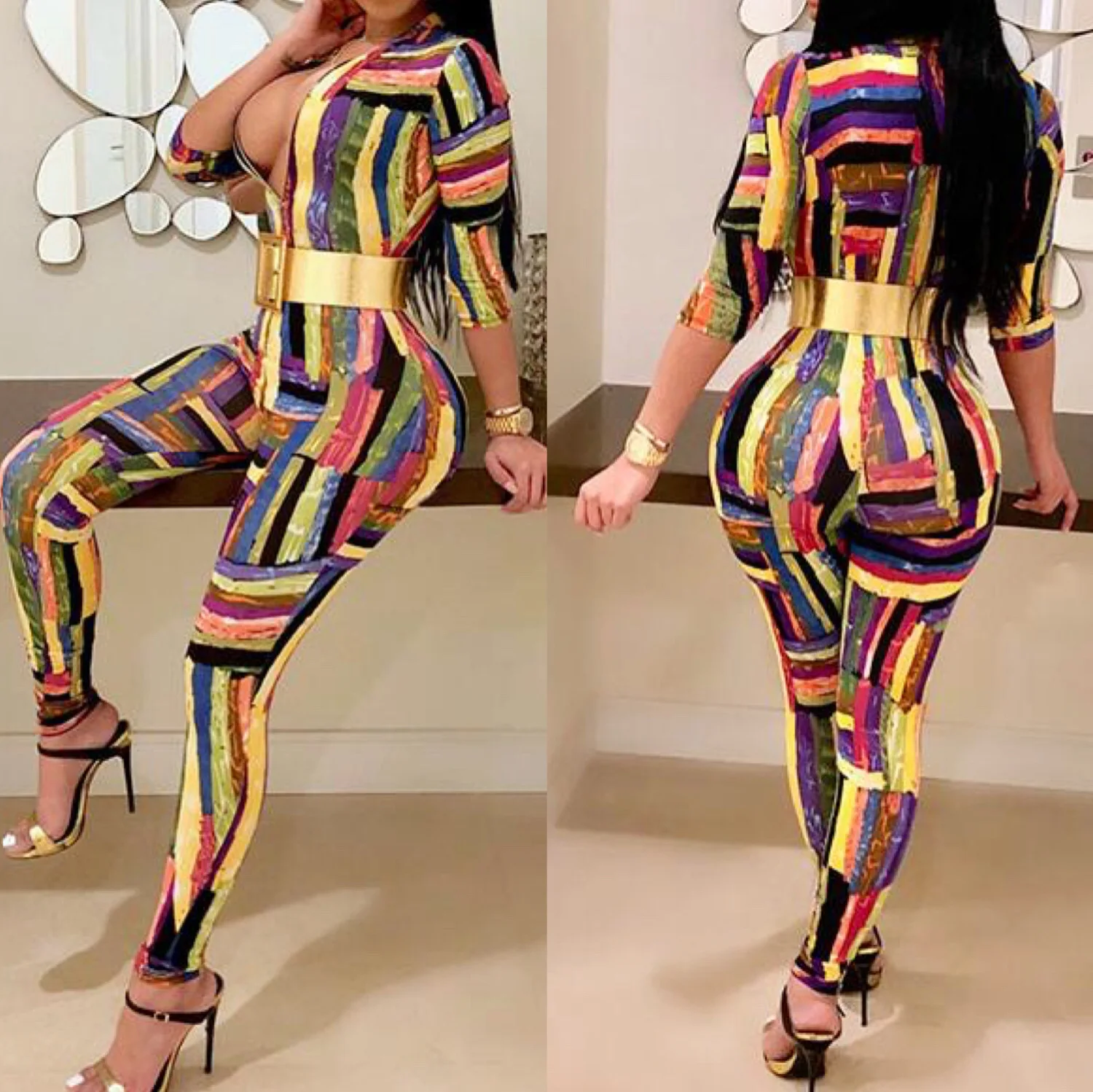 

2019 fashion new African cross-border women's hot style bare-breasted printed zipper nightclub sexy jumpsuit