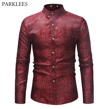 

Brand Wine Red Paisley Floral Foil Print Shirt Men Slim Fit Long Sleeve Mens Dress Shirts Casual Wedding Party Henley Shirt Male