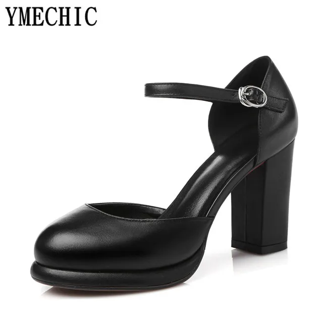 YMECHIC/женские летние туфли Mary Jane из натуральной кожи на массивном каблуке; женские туфли-лодочки на высоком каблуке с ремешком на щиколотке; Цвет черный, белый;
