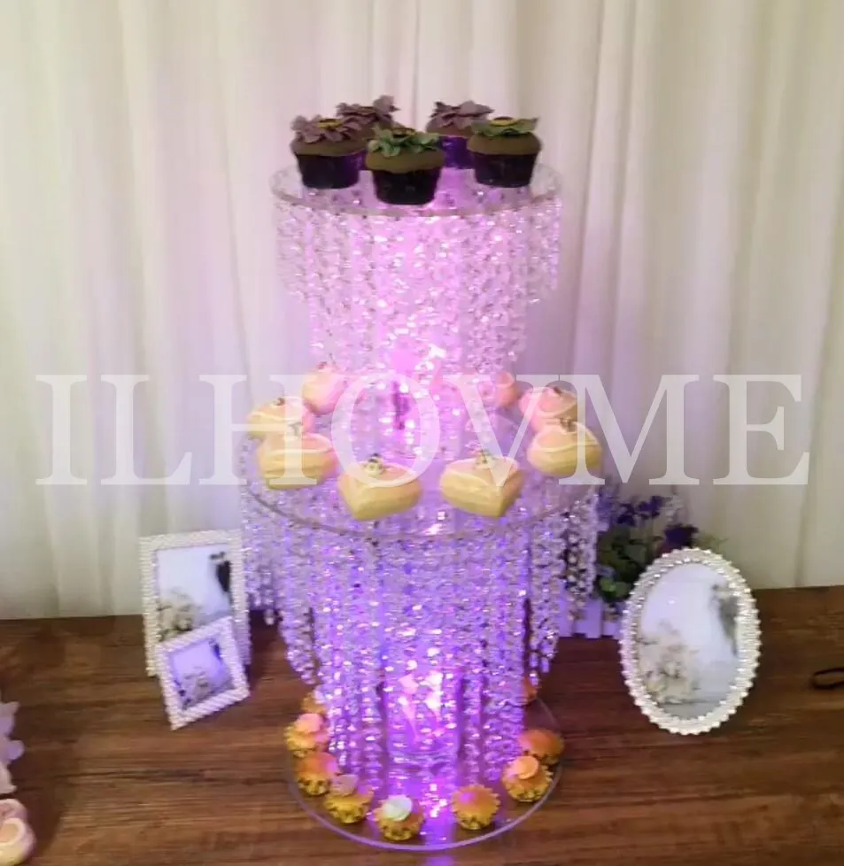 Luxurious Crystal Bead Chain Acrylic Cake Stand Wedding Cake Stand With Light Line(No AA Battery) Wedding Centerpiece Display