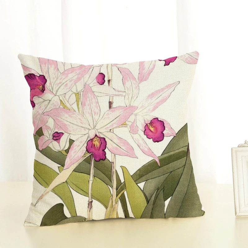 Shabby Chic Decor Printed Blue Flowers Cushion Cover 45x45cm Linen Pink Purple Plants Throw Pillow Covers Pillowcase Leaf Decor