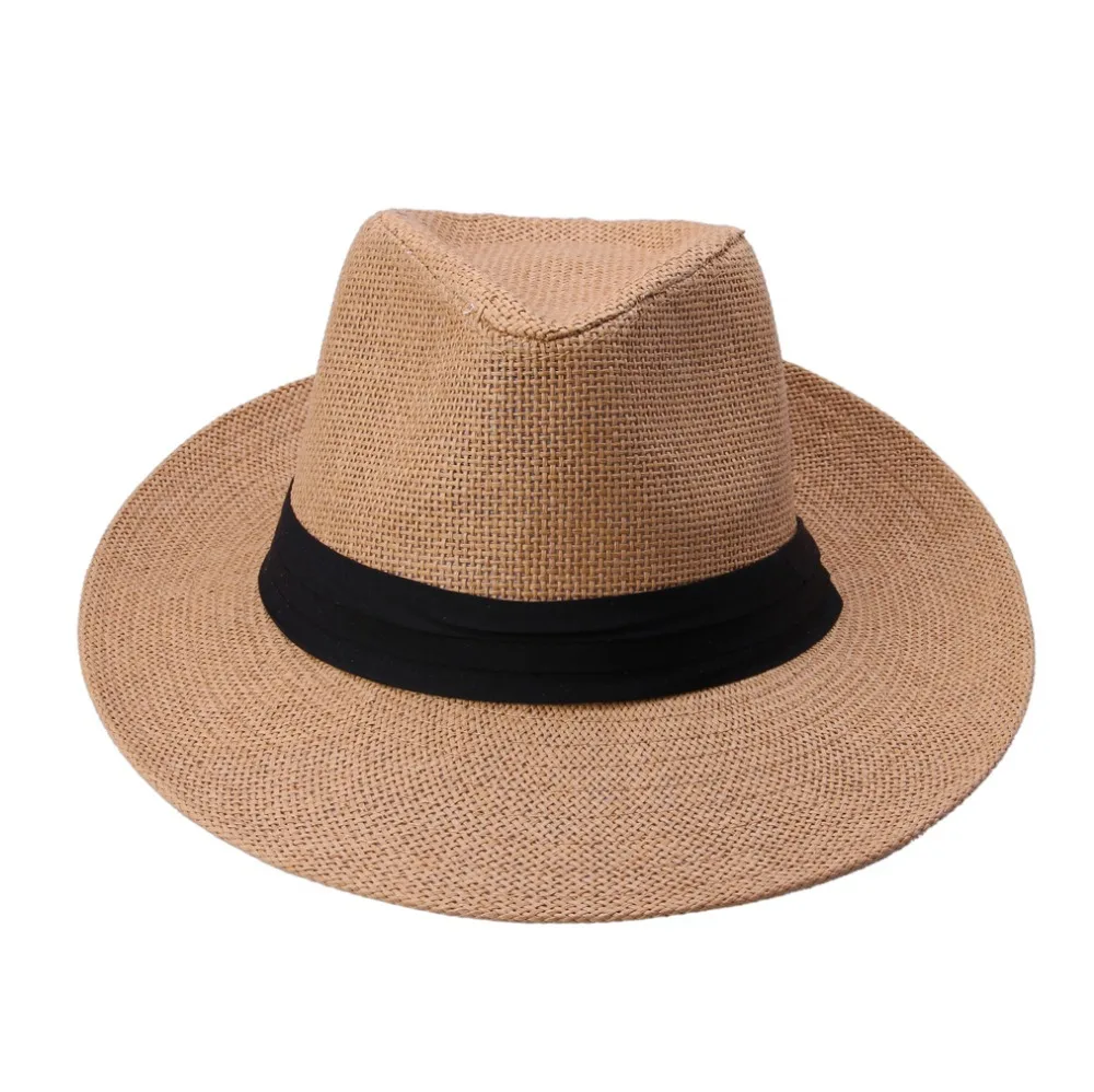 Hot Fashion Summer Casual Unisex Beach Jazz Large Brim Panama Hat Paper Straw Women Men Cap Black Ribbon