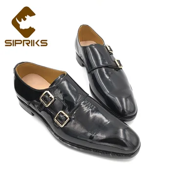 

SIPRIKS Mens Double Monk Straps Elegant Boss Shiny Leather Shoes Italian Male Goodyear Welted Shoes Patent Leather Black Shoes
