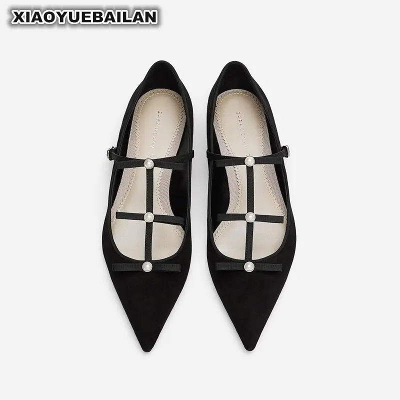

Pearls Bow Tie Ballet Shoes 2018 Flat Bottom Single Female Pointed Low Heeled Women10.16