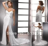 Wholesale 2013 New Designer Summer Beach Backless Chiffon White Wedding Dresses With Slit And Zipper W2015