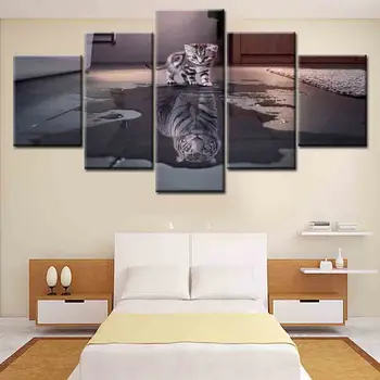 

Canvas Painting Wall Art For Living Room Nordic Decoration 5 Panel Animal Cat New Cuadros Tiger Modular Picture Poster
