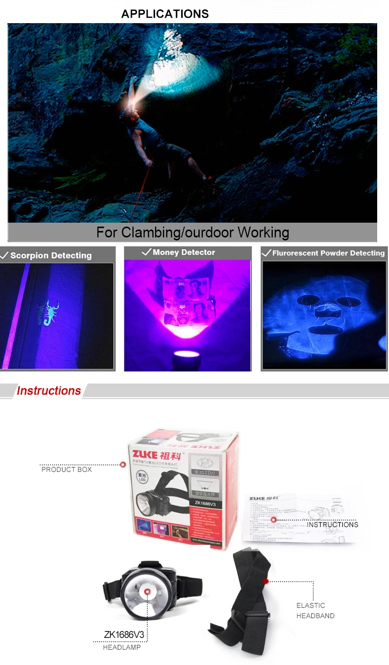 1W LED UV Flashlight Ultra-violet Headlights Portable Torch US Plug with Built-in 700mAh Battery for Night Fishing & Detecting