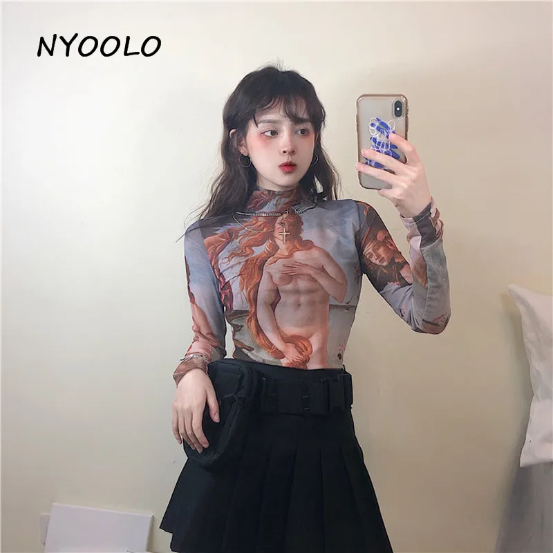 

NYOOLO Novelty design Oil painting sexy women print breathable mesh sun protection T-shirt bottoming tee shirt women summer tops