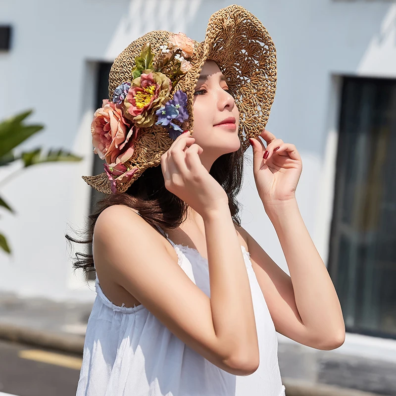 Ahuecado-hacia fuera sombrero versión coreana Chao Baitie flores sombrero de paja de verano de playa hecho a mano sombrero de paja plegable - 2