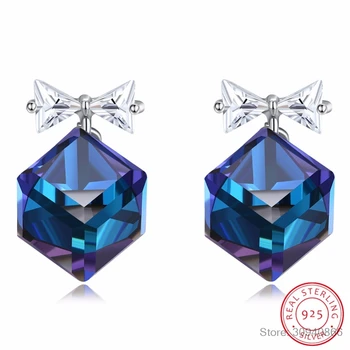

LEKANI Crystals From SWAROVSKI Cube Beads Stud Earrings Cute Bowknot Piercing S925 Silver Jewelry For Women Girls Gifts