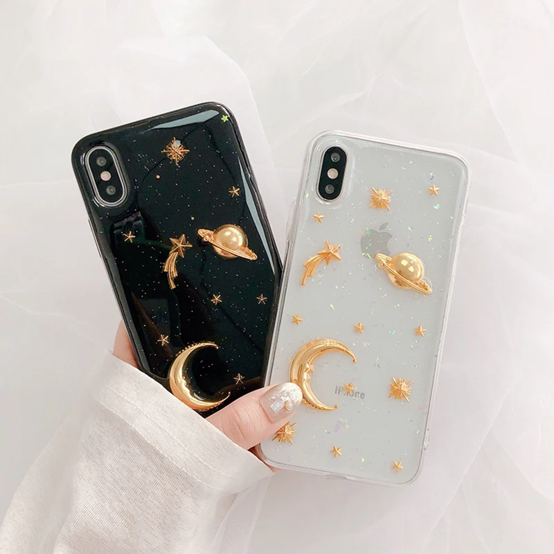 Fashion Gold Stars Moon Case For iPhone 7 8 Plus Soft Tpu Glitter Phone for X XS XR Max Cover(046) |