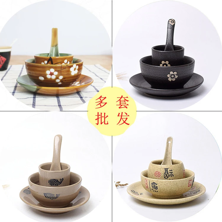 

Chinese style ceramic tableware hotel household rice bowl soup spoon plate dish cup kitchen dinnerware set 4pcs/set handmade