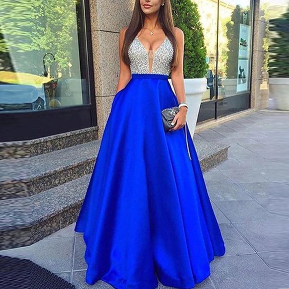 

2019 New Arrival Women's Sequined Dresses Long Wedding Party Dress Sleeveless V-neck blue A-line Long Elegant Chiffon Dresses