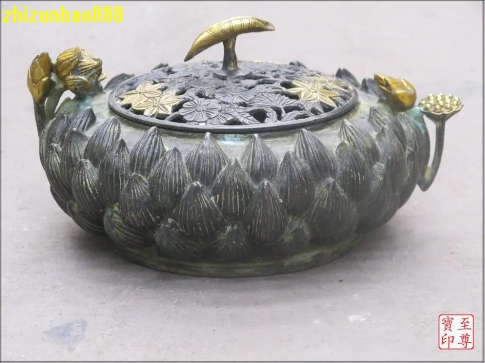 

Superb work patterns bronze water lily lotus censer