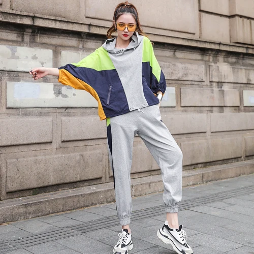 

Chic Korean Zip Patchwork Two Piece Set Pocket Fashion Casual Tracksuit Brief Batwing Sleeve Loose Hooded Damen Zweiteiler