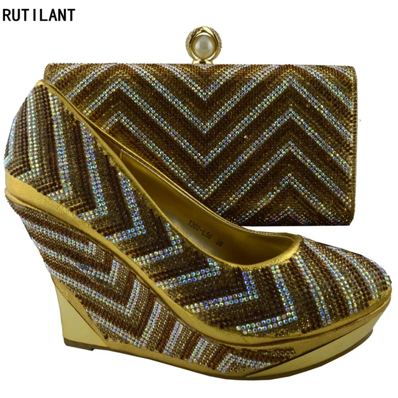 

New Gold Color Matching Shoes and Bag Set In Heels African Shoes and Matching Bags Italian Shoe and Bag Set for Party In Women