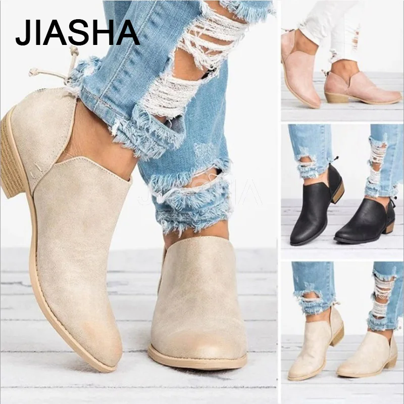 

Women boots 2018 Spring Autumn Women V Shape Round Toe Boots Slip-On Med High Heels Shoes Women's Autumn Shoes plus size 35-43