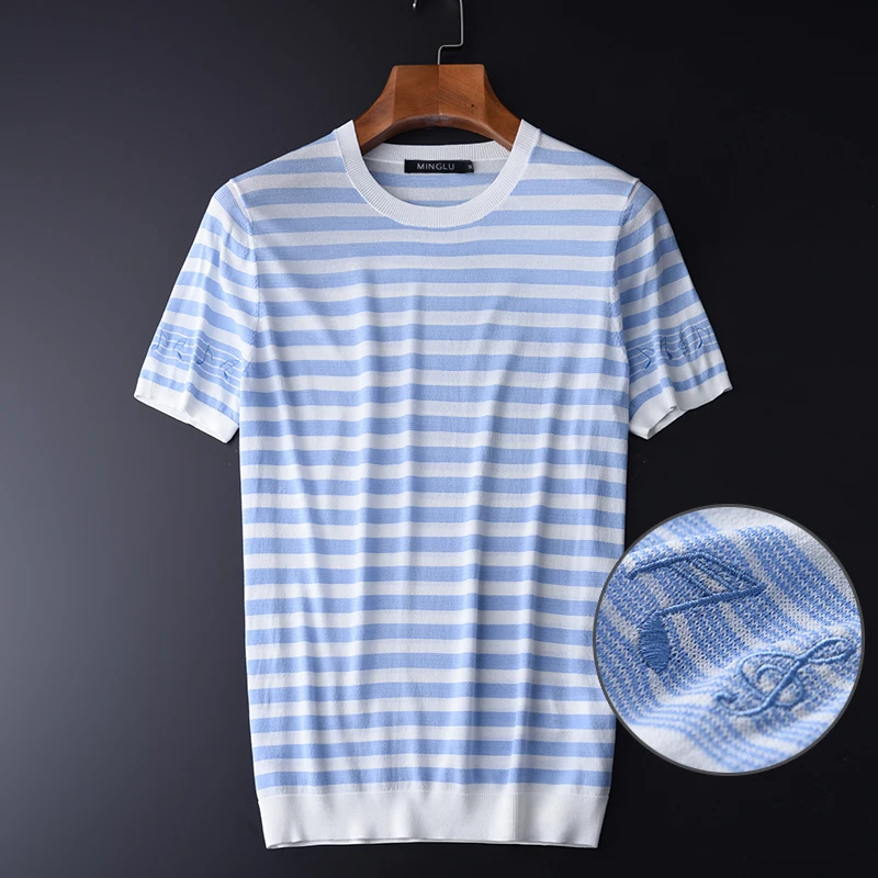 

Minglu Men T-shirt Luxury Knitted Fabric Round Collar Mens Tshirts Summer Plus Size 4XL Breathable Stripe Simple Mens T Shirts