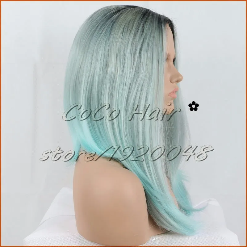 mint blue bob Ombre Wig Brown root (6)