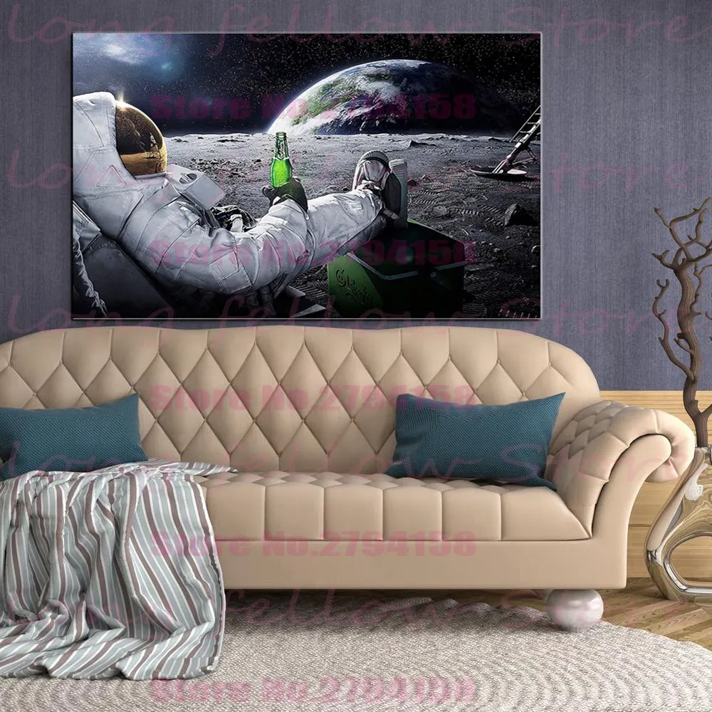 Us 9 96 17 Off Astronaut With Beer On The Moon Canvas Picture Wall Art Printed Home Decor Artwork Funny Poster Bedroom Wall Decor Drop Shipping In