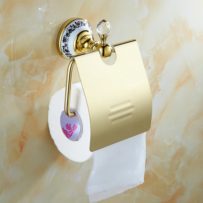 Antique Golod Crystal Bathroom Paper Towel Rack Holder Bronze Ceramic