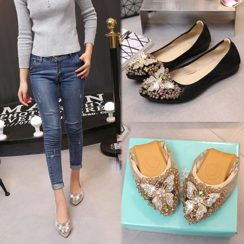

Women's Rhinestone Butterfly Flats Soft Sole Comfortable Pregnant Shoes Female Foldable Boat Ballet Shoes for Bridal Party