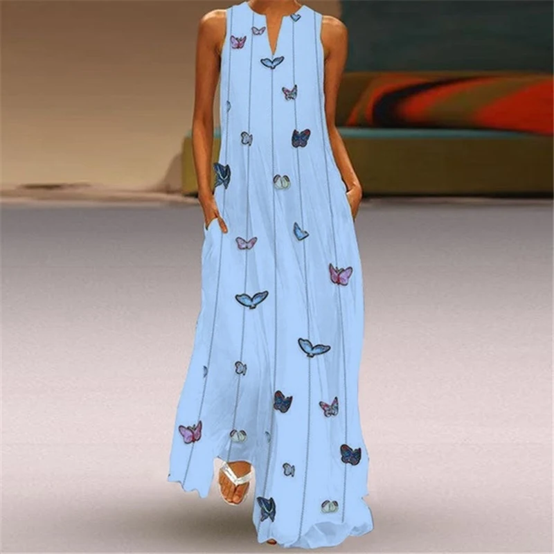VIEUNSTA, женское винтажное длинное платье с v-образным вырезом и принтом бабочки,, бохо, без рукавов, с карманами, летнее платье, повседневное, свободное, Пляжное, макси платье