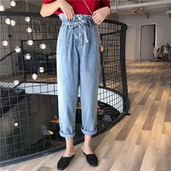2018 новые модные женские бутон пояса джинсы Для женщин, брюки Высокая Талия студент облегающие брюки 8295
