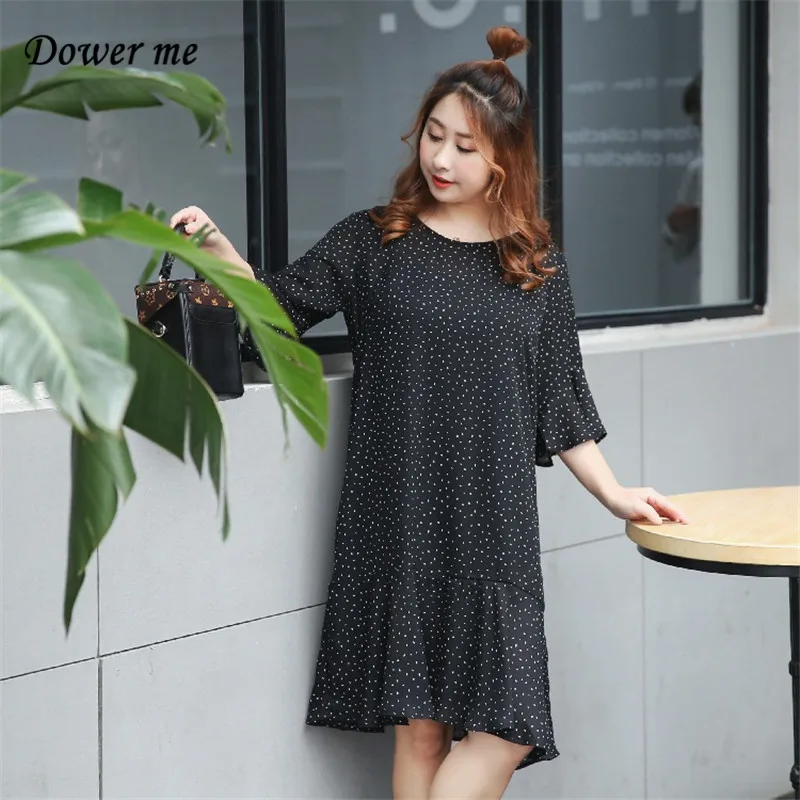 

Dower me dresses Plus size Dot knee-length Flare half sleeve party dresses casual O-neck A-line chiffon vestidos dress Y010