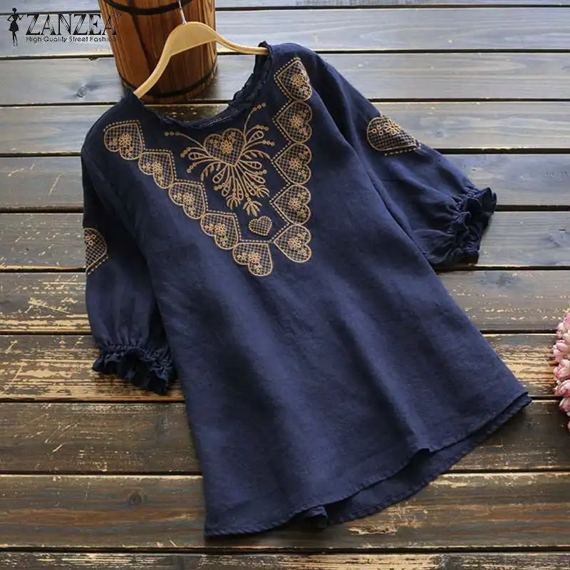  Oversized Tunic Ruffle Tops Women's Summer Blouse 2019 ZANZEA Vintage Printed Blusas Elegant Female