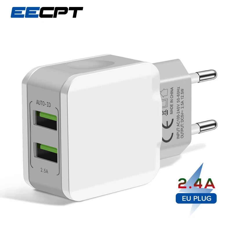 

EECPT Portable Dual USB Charger for iPhone XS 5V 2.4A Mobile Phone Quick Charge for Samsung Huawei Wall Charger Adapter EU Plug