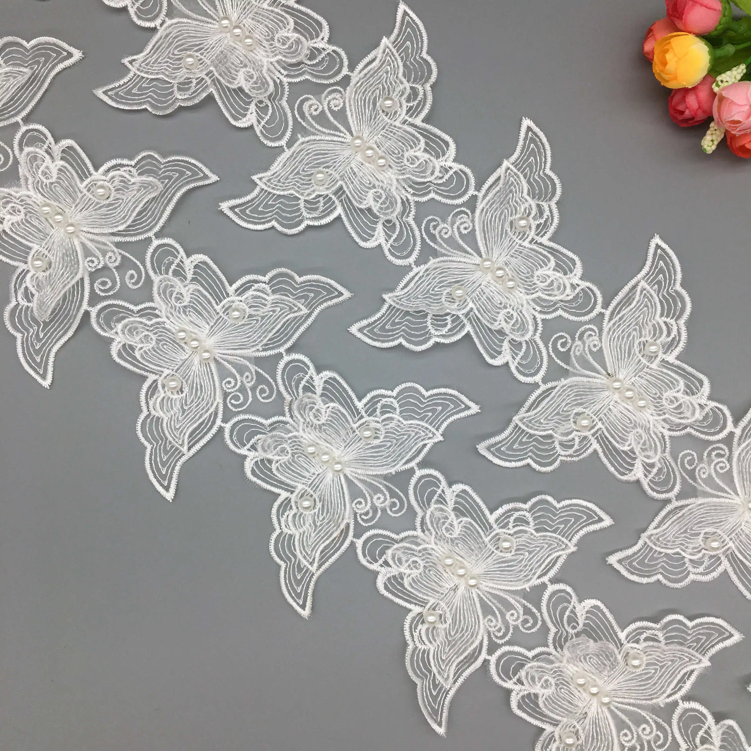 Lace Fabric 5x Latest White Pearl Butterfly Embroidered Trim Ribbon Lady Wedding Dress Handmade DIY Sewing Supplies Craft
