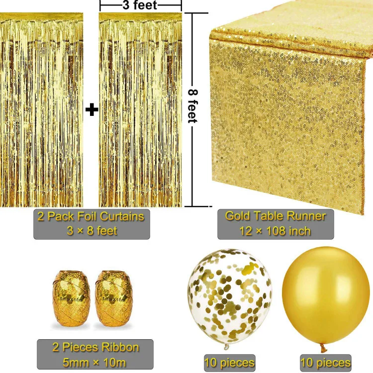 Украшение вечерние комплект, включает 2 шт. 3 по 8 футов полоса фольги двери шторы, 12 на 108 дюйм(ов) скатерти с пайетками бегун, 20 мяч настольный бегун дорожка на стол стола на стол украшения