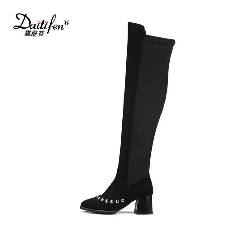 Daitifen Comfort Winter Boots Women Shoes Fashion Solid Pointed Toe Over Knee Rivet Slip-On Thick Heel Thigh Riding | Обувь