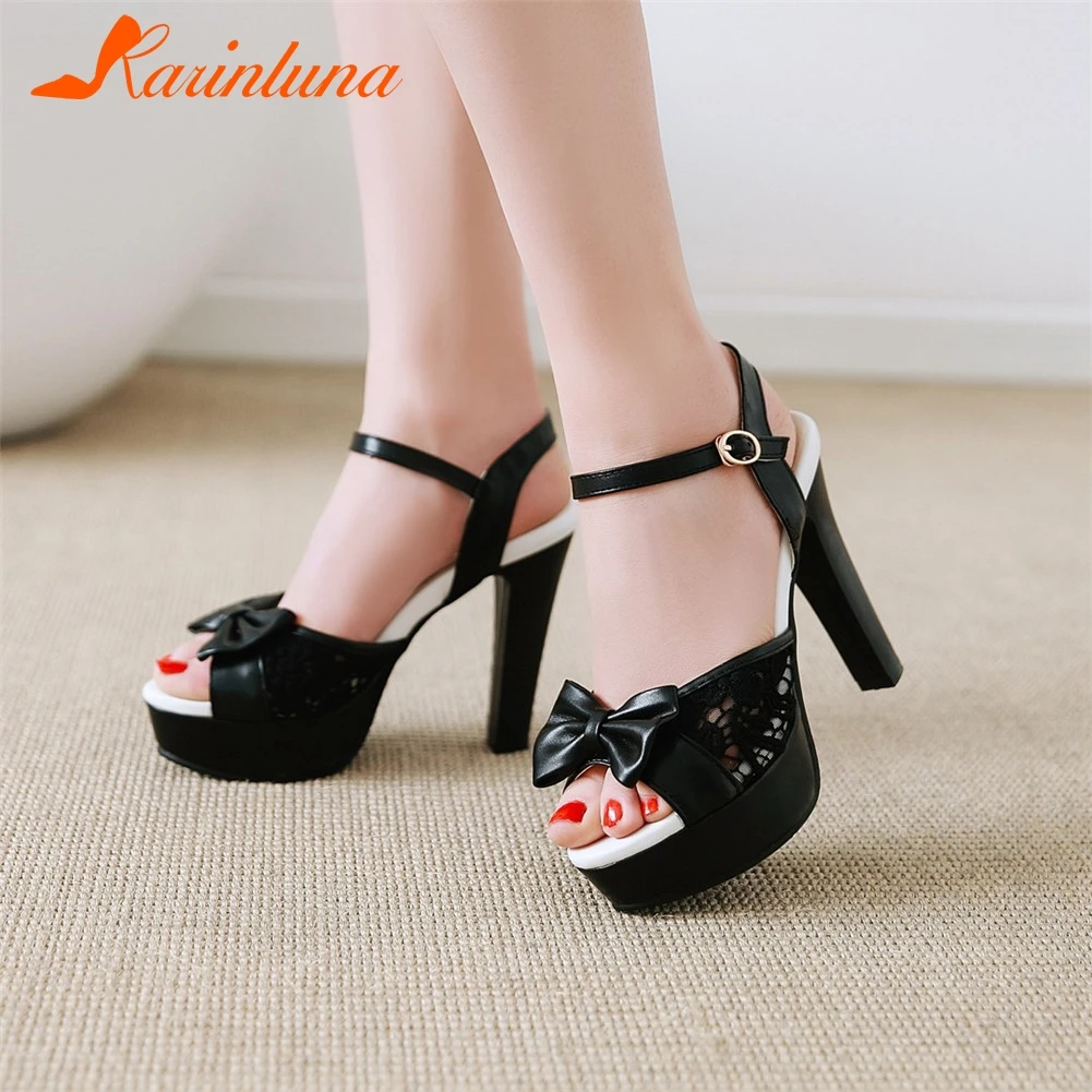 

KARINLUNA 2019 Big Size 34-43 New Bowtie Square High Heels Solid Platform Shoes Woman Party Office Summer Sandals Black