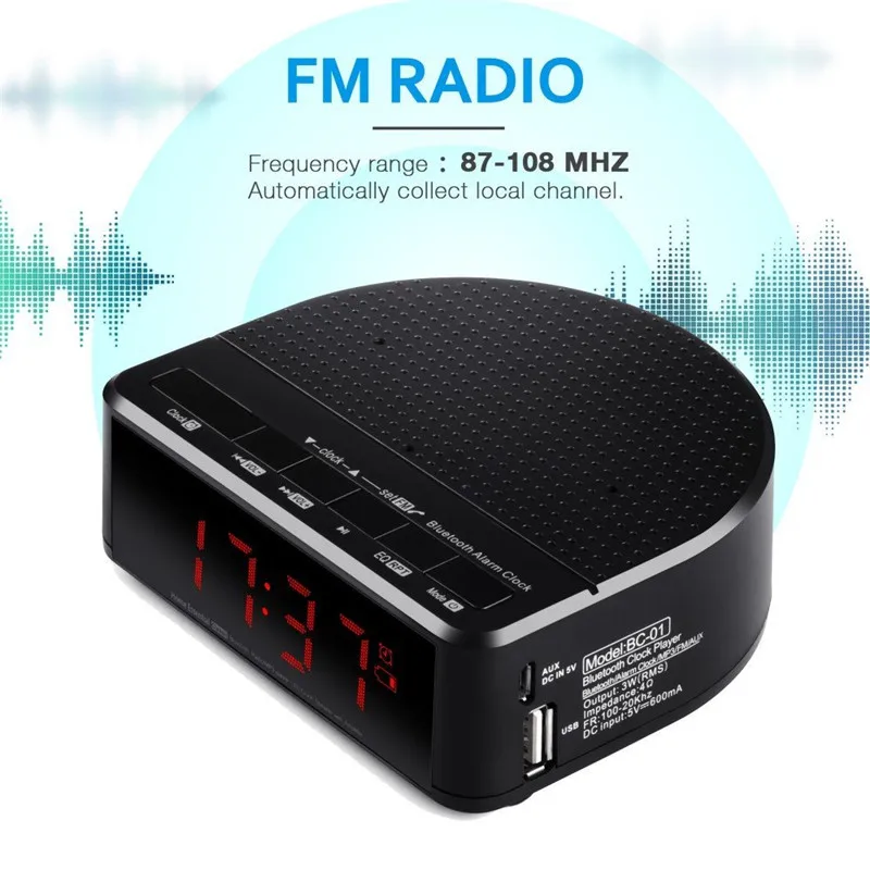 Online HOT Digital Alarm Clock Radio with Bluetooth Speaker,Red Digit Display with 2 Dimmer,FM radio, USB Port Bedside led Alarm Clock
