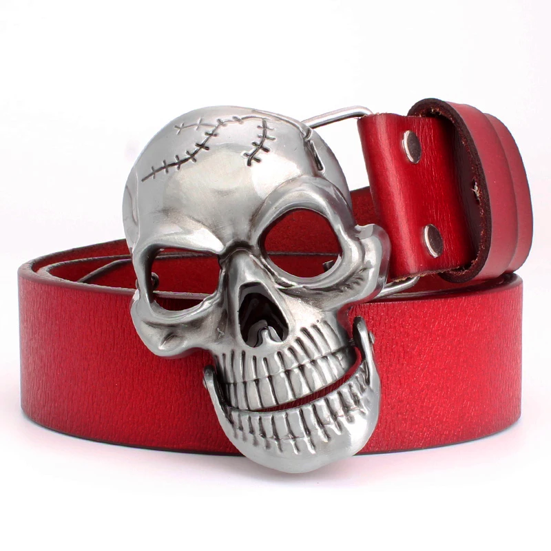 

Fashion men's belt Skull buckle big skull head belt punk rock style men cowskin leather belt Skeleton hip hop jeans accessories