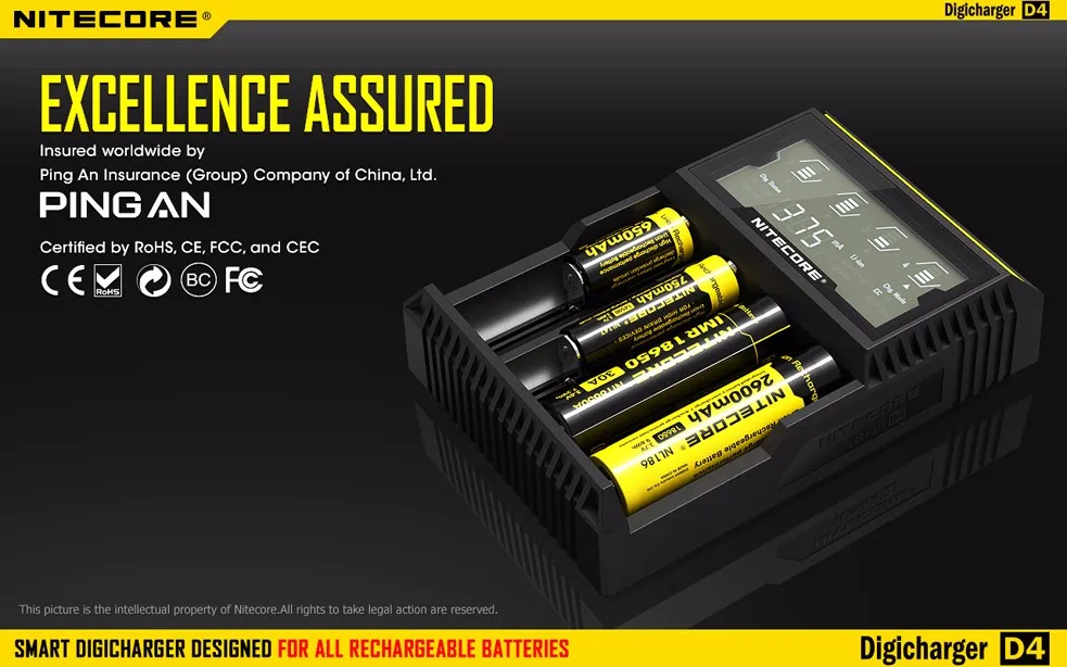 Nitecore D4 Digi Зарядное устройство ЖК-дисплей интеллигентая(ый) схема глобального страхования Li-Ion 18650 14500 16340 26650 Зарядное устройство Батарея