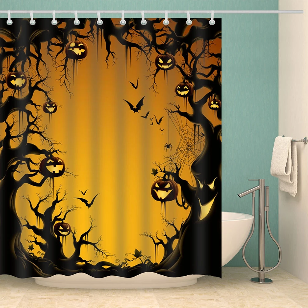 Halloween Shower Curtain Polyester Pumpkin Skull Print Bathroom Curtain 