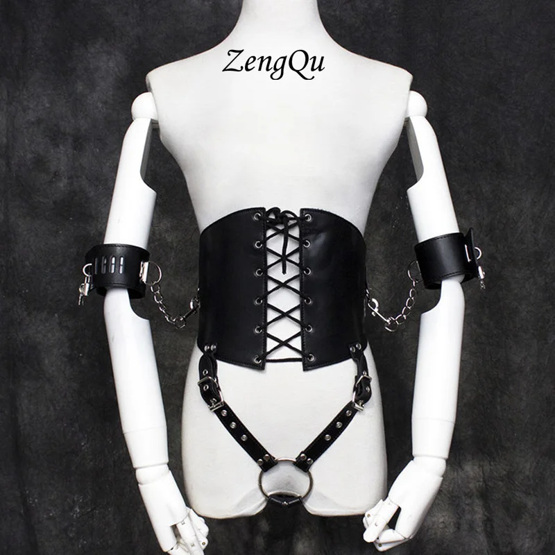 

Men Women Unisex Sexy leather material bondage Sculpting Adjustable Tied Wide waist Belt leather suspenders