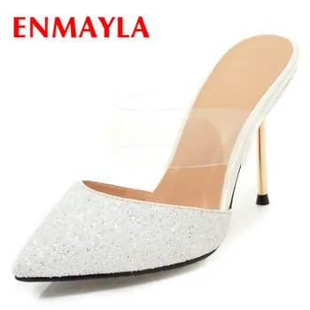 

ENMAYLA Glitter Material Shoes Woman High Heels Summer Sandals Pumps Goldden White Shoes Plus Size 34-43 Thin Heels Party
