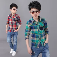 Большие девственные мальчиков детские весенние с длинным рукавом рубашка в клетку для детей футболки для мальчиков Костюмы Блузки Топы для детей 5, 6, 8, 10, 12, 14 лет