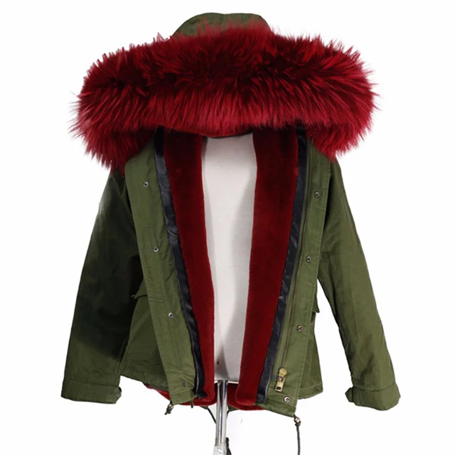 Cheap women's army green Large color raccoon fur hooded coat parkas outwear detachable lining winter jacket  #E183