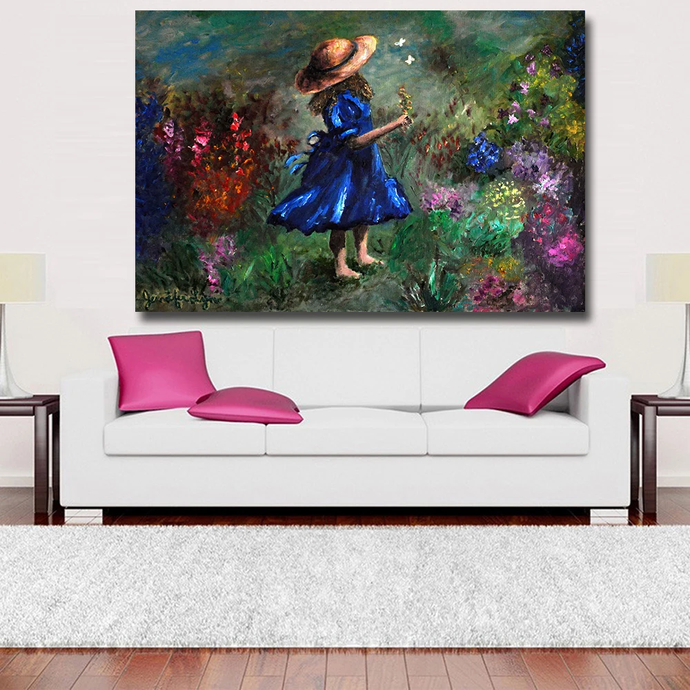 Abstract Oil Painting A little girl playing with flowers and plants
