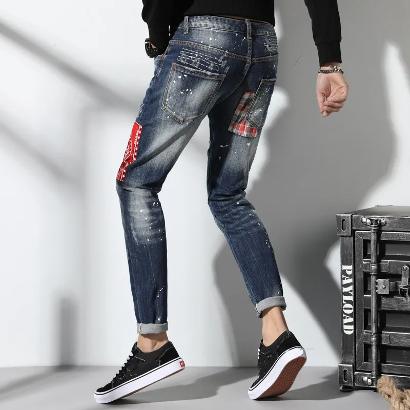 Italy Designed Man Painted Dot slim Jeans Men Emdroidery Patchwork Denim Pants Male Street Wear Quatliy Amazing Trousers