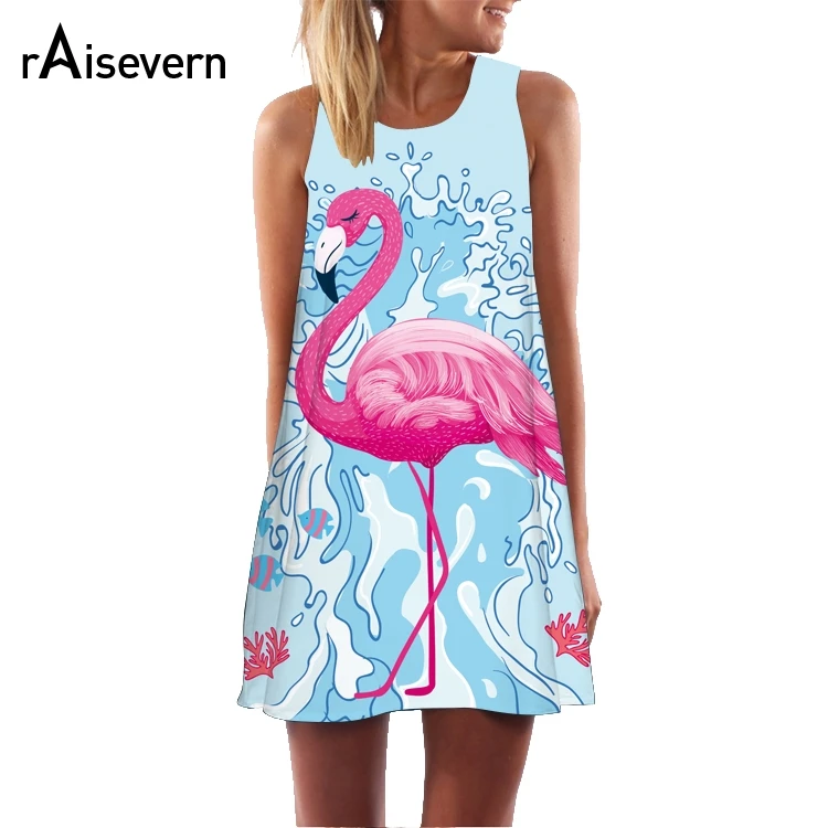 

Raisevern New Women Dress Flamingo/Cat/Unicorn Print 3D Sleeveless Dress Women A Line Summer Boho Beach Dress Sundress Dropship